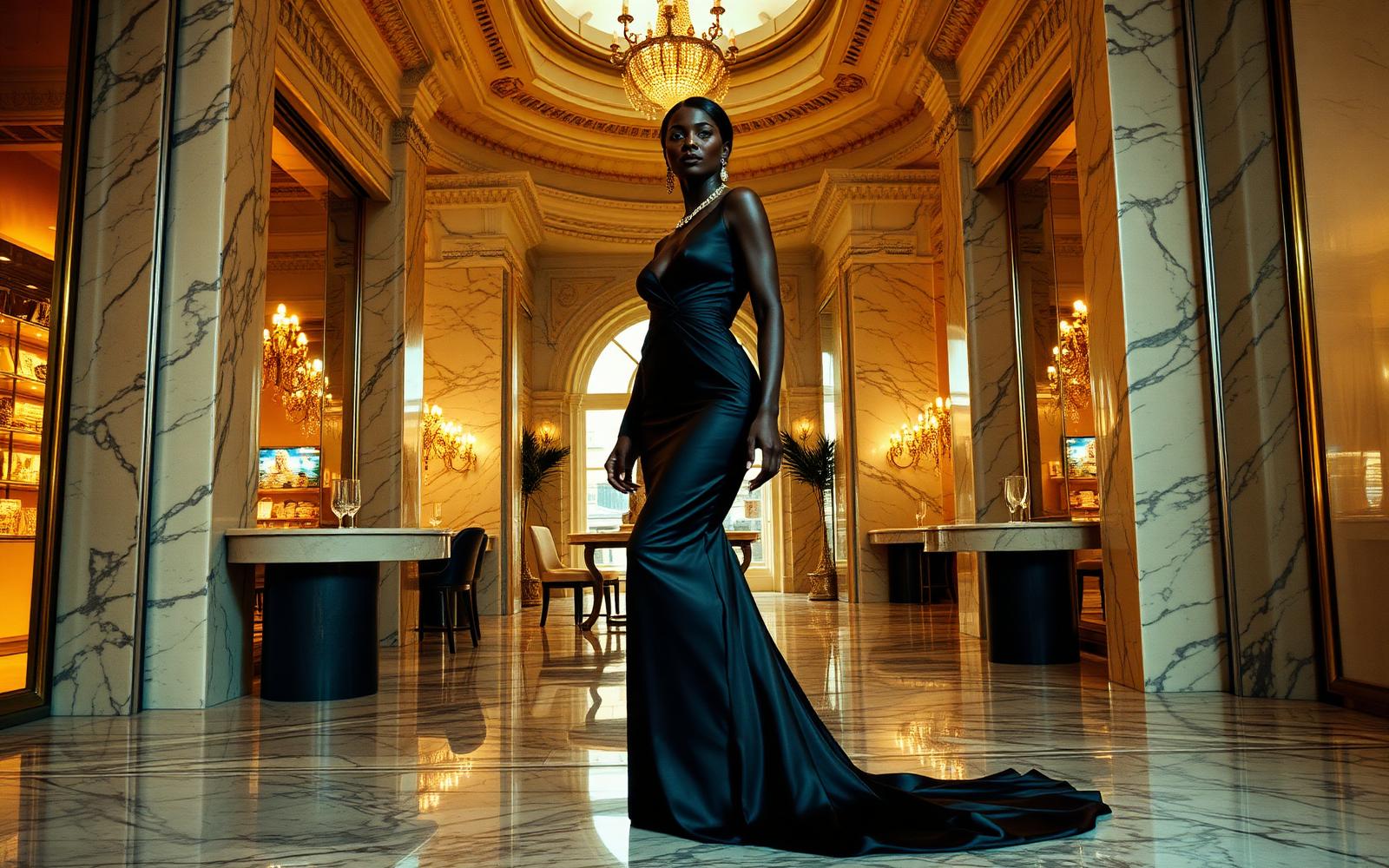 Elegant woman in a black satin evening gown inside a marble boutique.